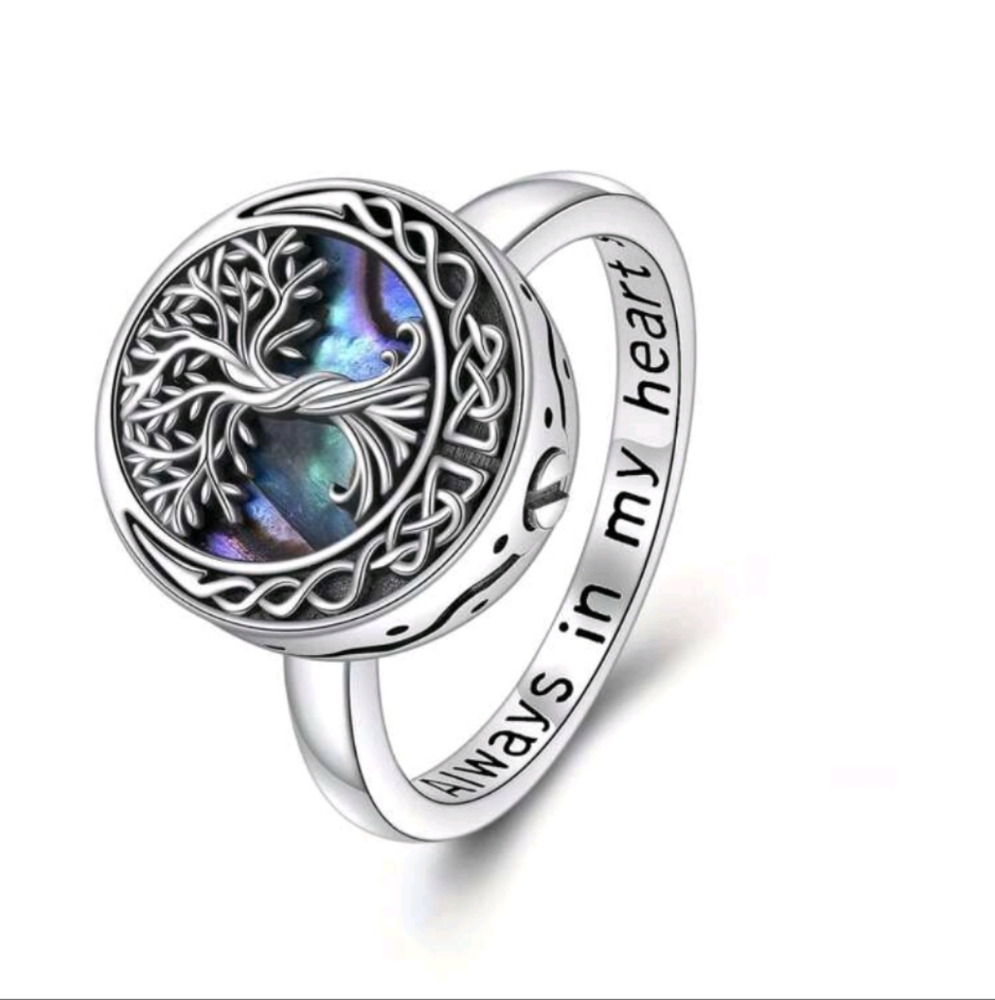 Silver Tree of Life Cremation Ring with Abalone Inlay. - Picture 4 of 6